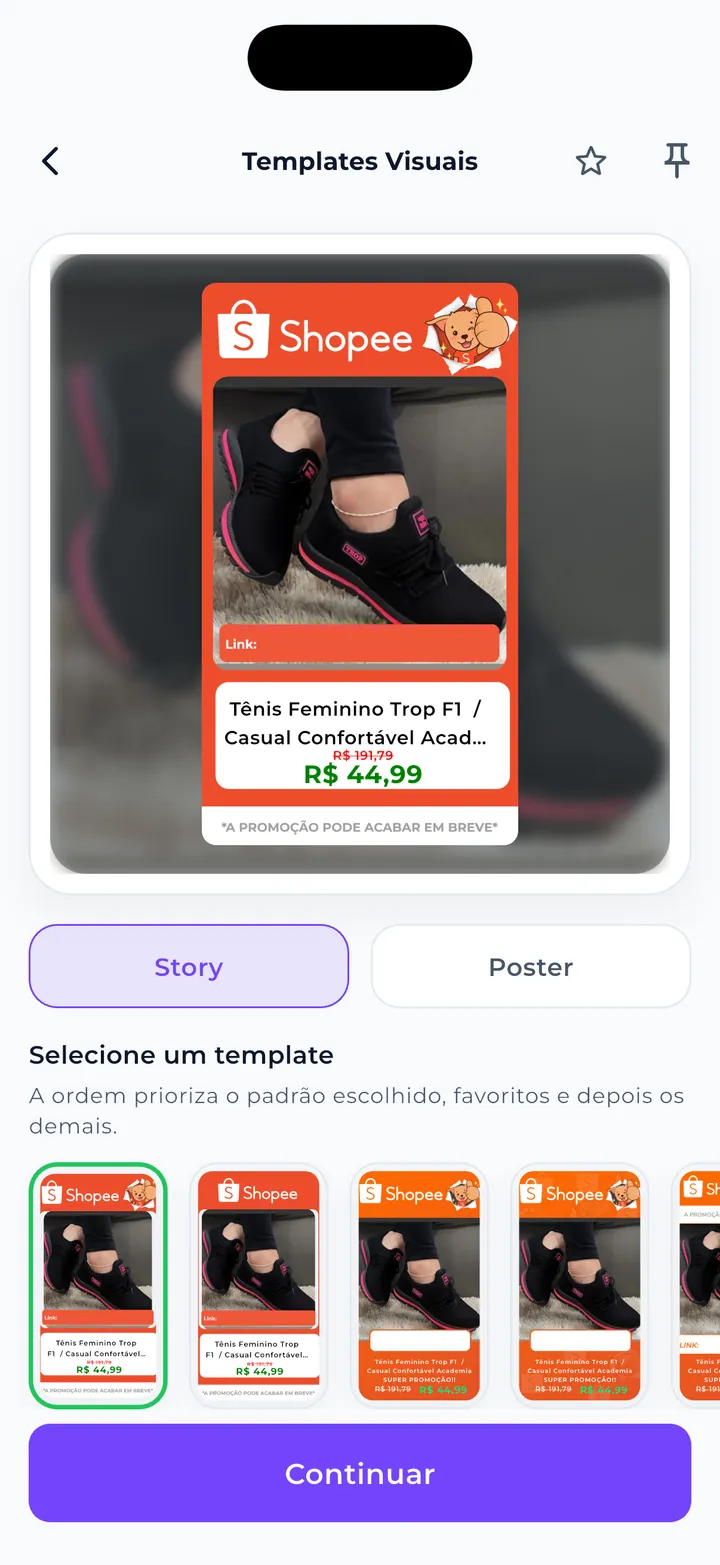 Editor de templates visuais para divulgação de produtos da Shopee no app Mega Afiliado
